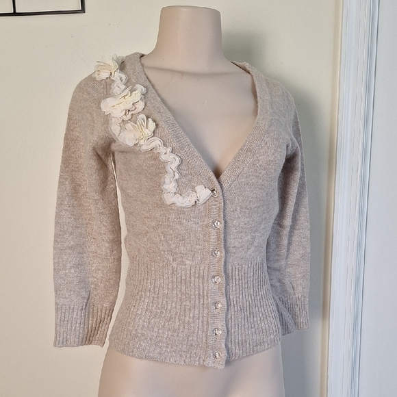 XOXO Sweaters - XOXO Beige Cardigan with Floral Accents Size Small